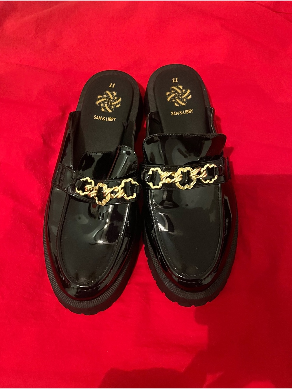 Sam & Libby Black Patent Mule with Gold Chain Detail